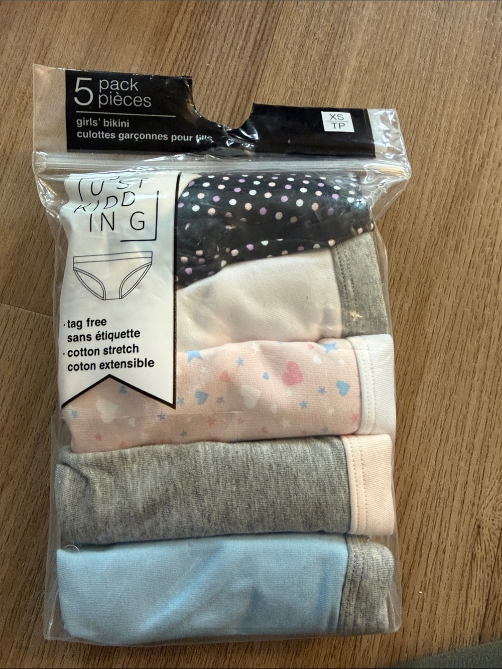 NWT Girls' Bikini Underwear 5-Pack - Multicolor (Polka Dot, Pink, Gray, Blue) XS